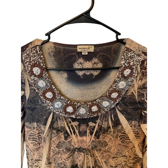 🍒 2/$20 🍒 Brown Pattern Long Sleeve Blouse with Jeweled Neckline sz M - Picture 2 of 8